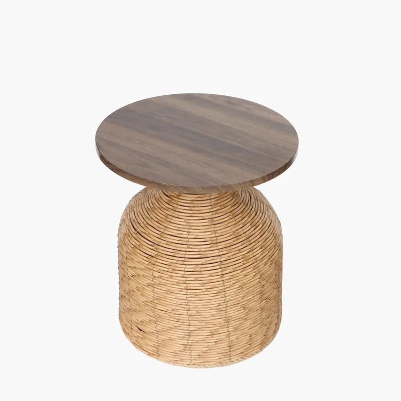 Woven Wood-Top Drum Table on a light grey background
